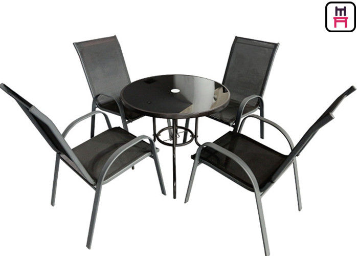 Coffee Shop Outdoor Restaurant Tables Textilene Garden Furniture With Arm Chairs